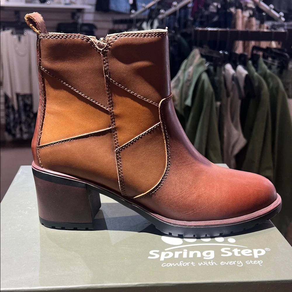 Spring Step Two-Tone Brown & Tan Leather Ankle Bootie - Picture 1 of 5